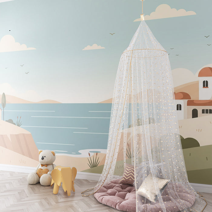Papier peint chambre enfant | Paysage côtier avec maisons blanches et collines douces
