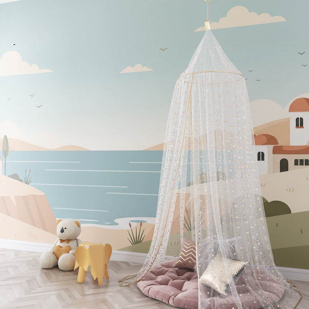 Papel pintado habitación infantil | Paisaje costero con casas blancas ...