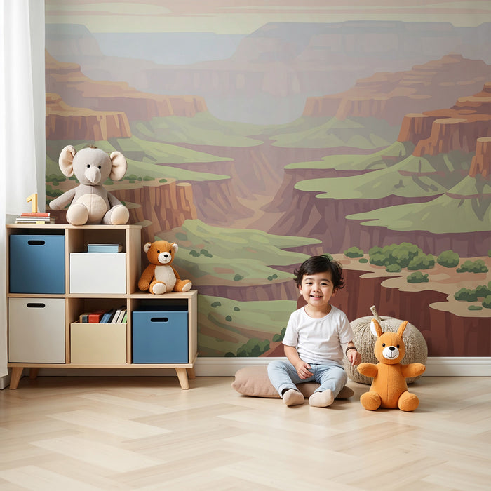 Papier peint chambre enfant | Paysage de canyon avec collines verdoyantes