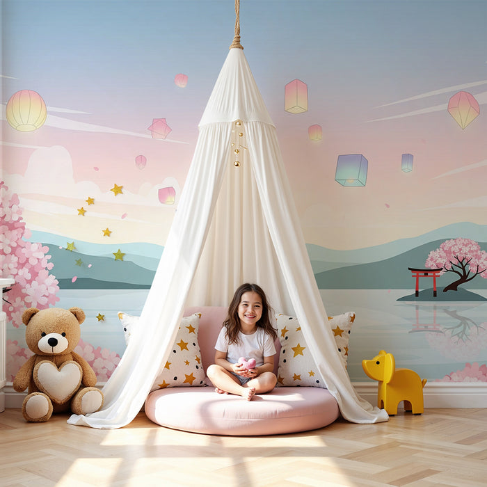 Kinderzimmer Tapete | Landschaft mit blühenden Kirschbäumen und bunten Laternen