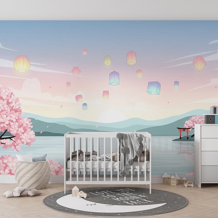 Kinderzimmer Tapete | Landschaft mit blühenden Kirschbäumen und bunten Laternen