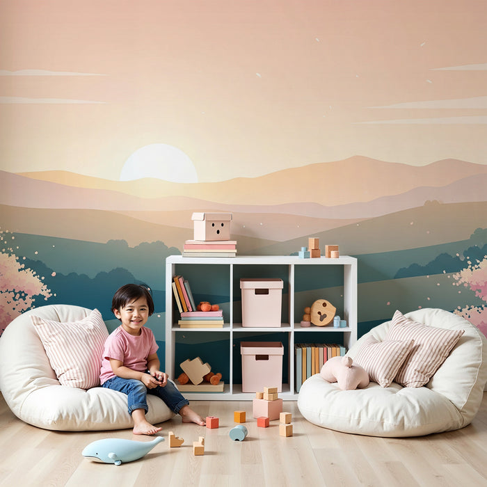 Gyermekszoba tapéta | Dombvidék napfelkeltekor virágzó cseresznyefákkal