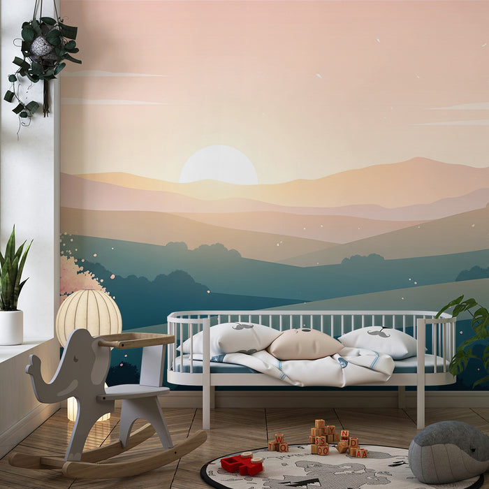 Gyermekszoba tapéta | Dombvidék napfelkeltekor virágzó cseresznyefákkal