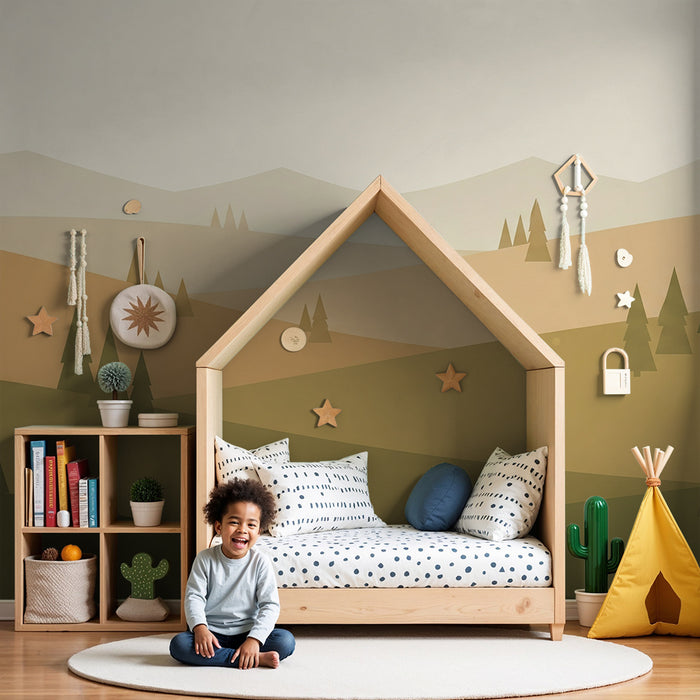 Papier peint chambre enfant | Paysage de collines et sapins en tons doux
