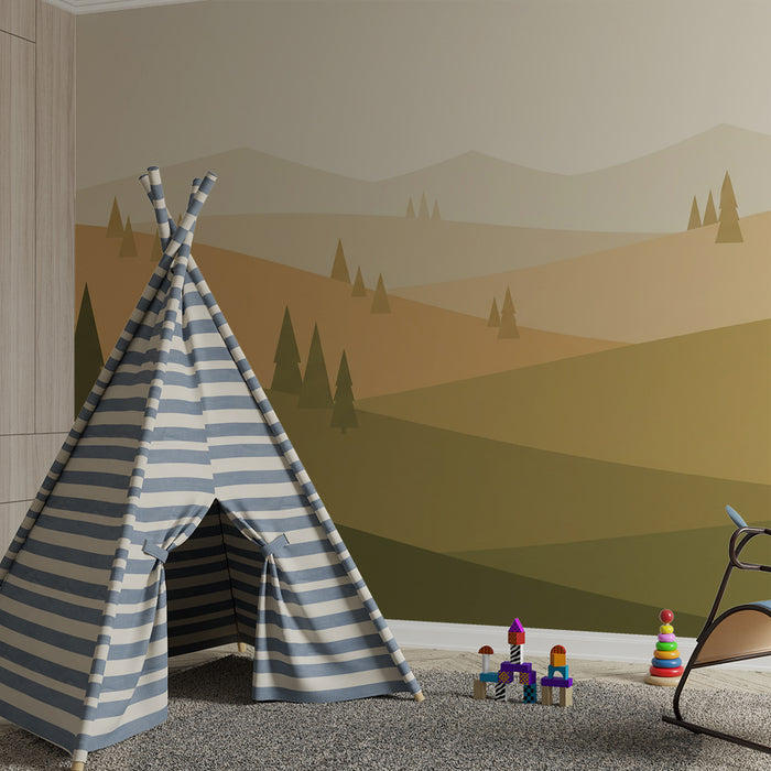 Papier peint chambre enfant | Paysage de collines et sapins en tons doux