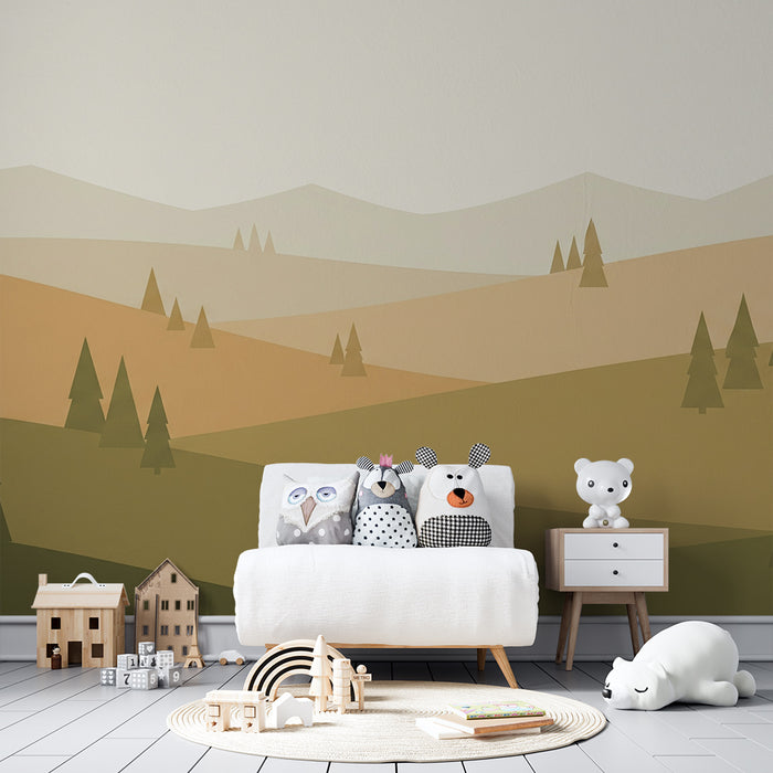 Papier peint chambre enfant | Paysage de collines et sapins en tons doux