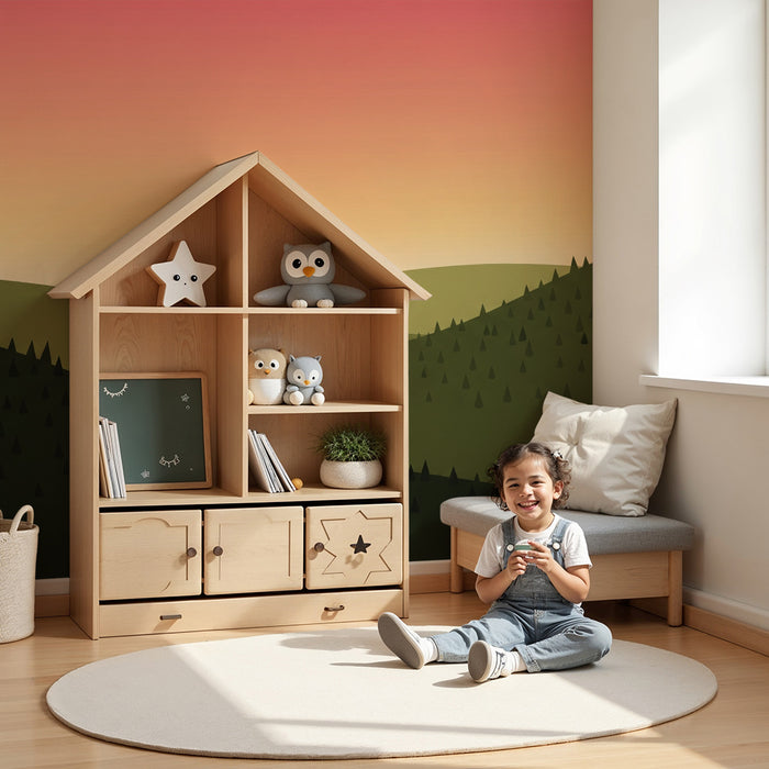 Dětská pokojová tapeta | Krajina zelených kopců při západu slunce