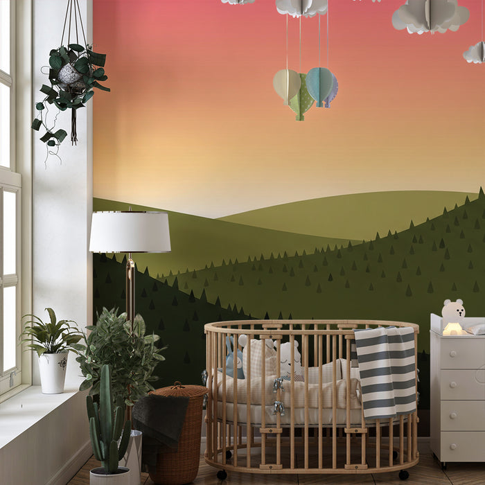 Dětská pokojová tapeta | Krajina zelených kopců při západu slunce