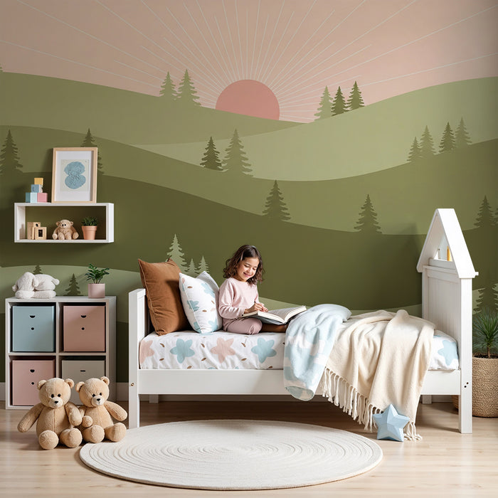 Papel de parede criança | Пейзаж на зелени хълмове с изгрев на слънцето