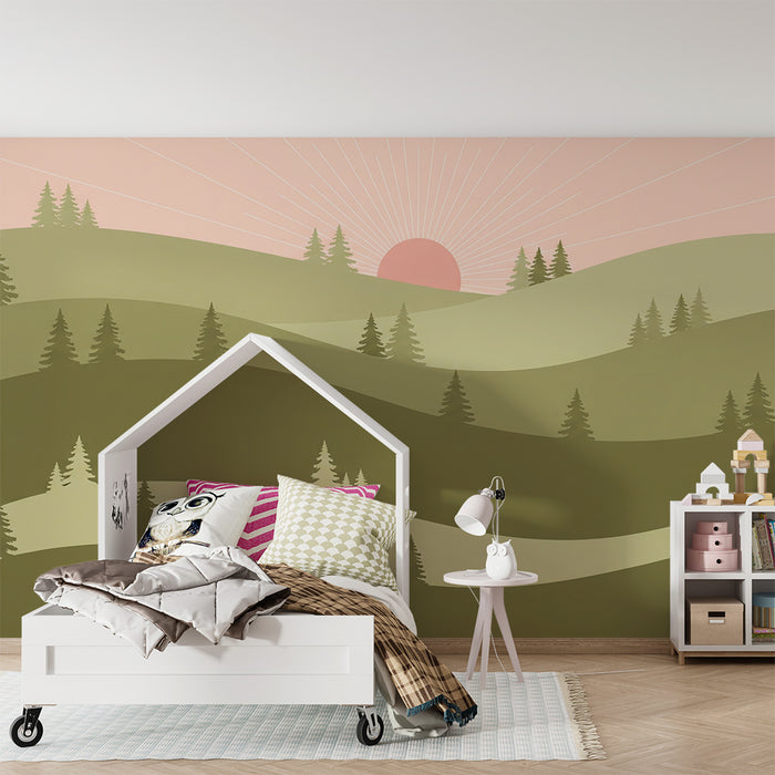 Papel de parede criança | Пейзаж на зелени хълмове с изгрев на слънцето