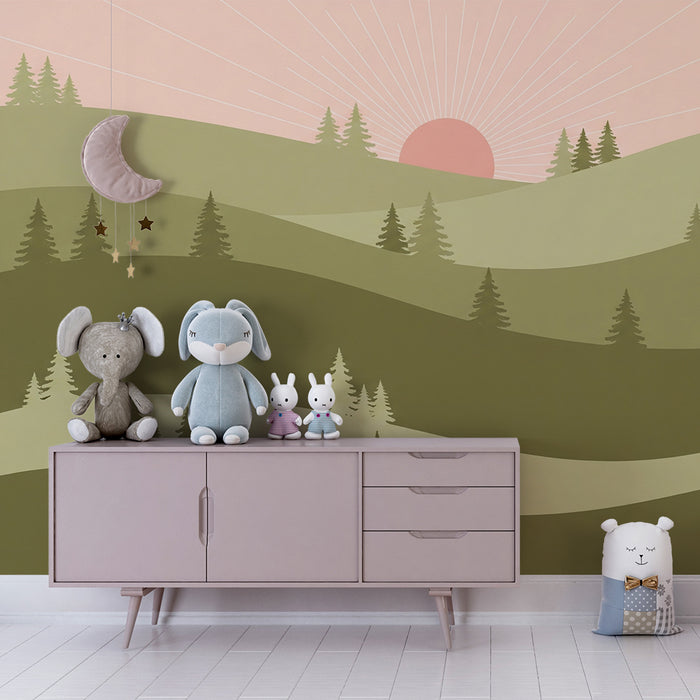 Papel de parede criança | Пейзаж на зелени хълмове с изгрев на слънцето