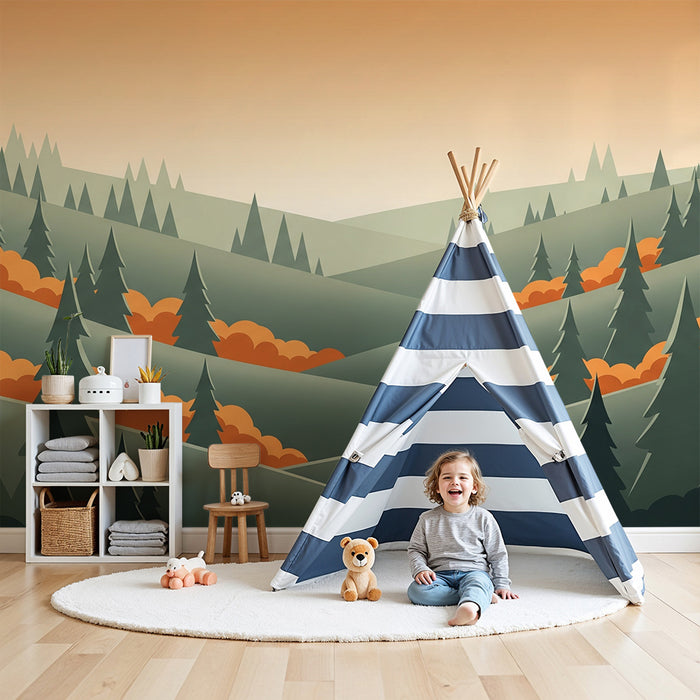 Papier de parede dječje sobe | Krajolik zelenih brežuljaka s borovima i dodirima narančaste boje