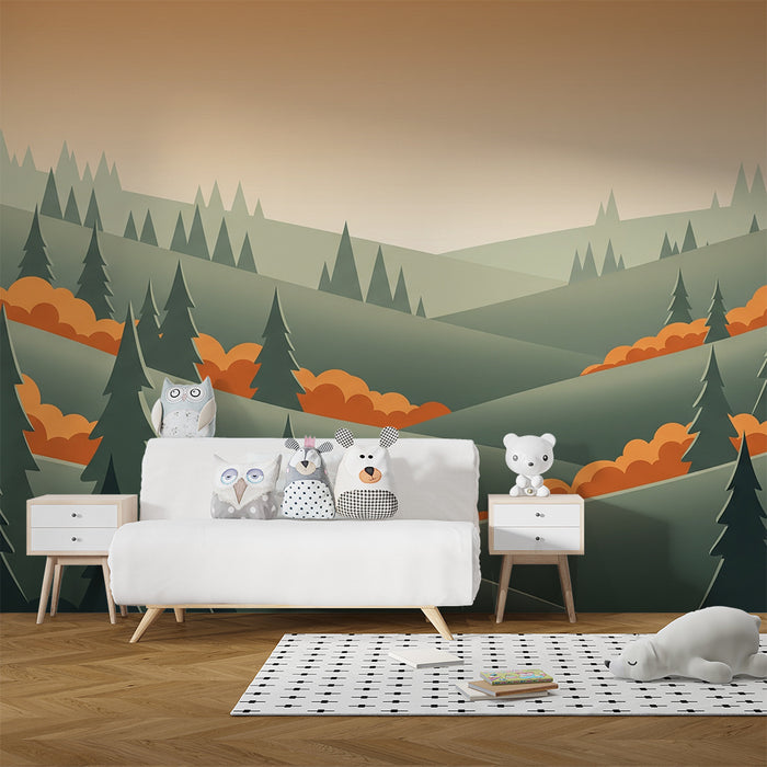 Papier de parede dječje sobe | Krajolik zelenih brežuljaka s borovima i dodirima narančaste boje