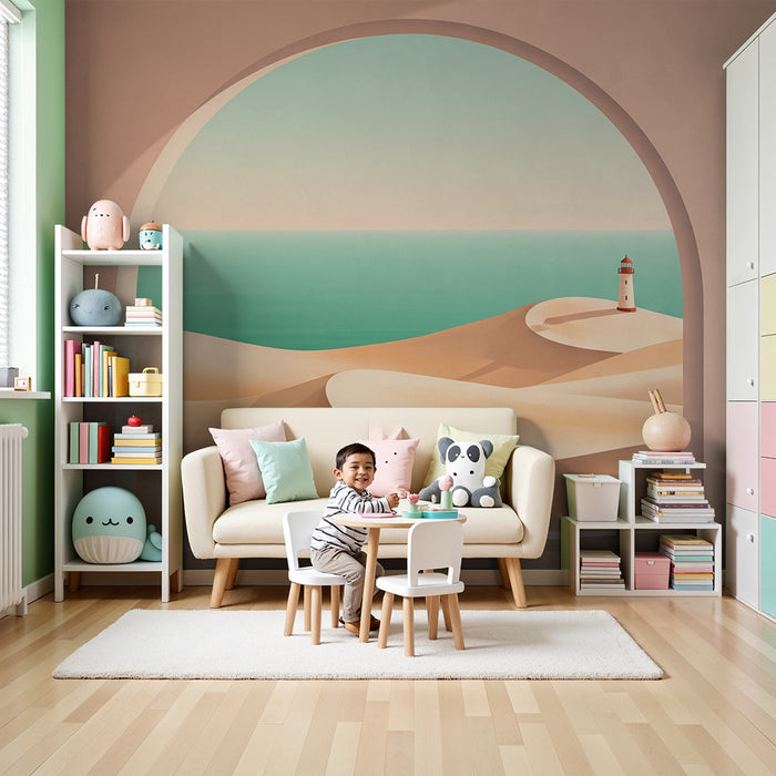 Papier peint chambre enfant | Paysage de dunes et phare au bord de l'océan