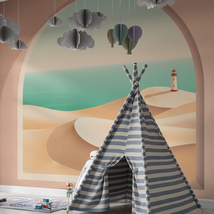 Papier peint chambre enfant | Paysage de dunes et phare au bord de l'océan