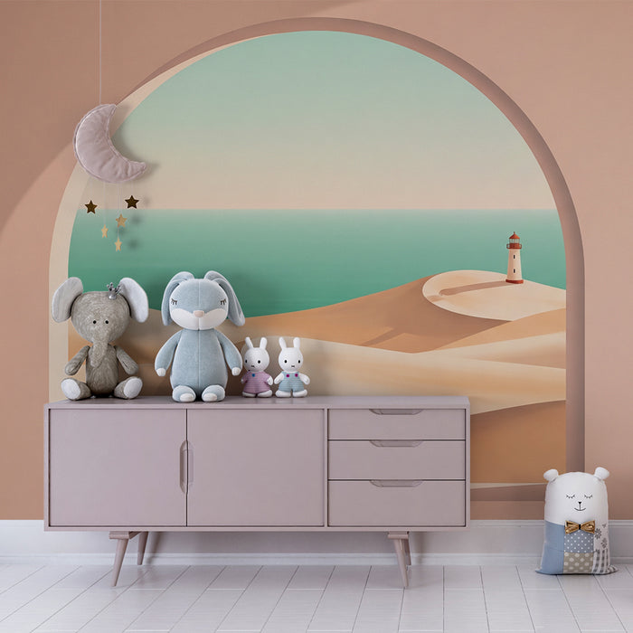 Papier peint chambre enfant | Paysage de dunes et phare au bord de l'océan