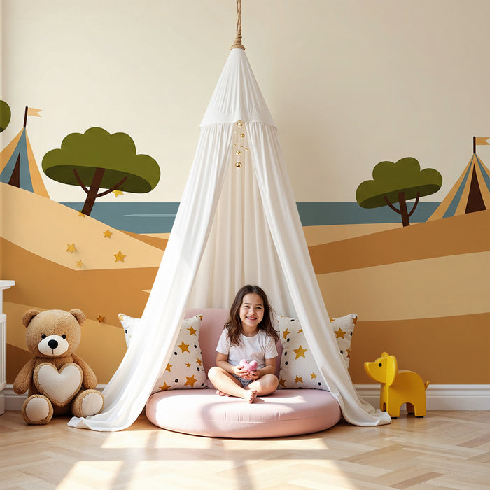 Papier peint chambre enfant | Paysage de dunes et tentes colorées au bord de la mer