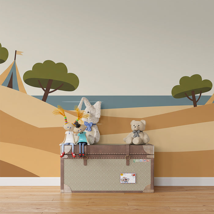 Papier peint chambre enfant | Paysage de dunes et tentes colorées au bord de la mer