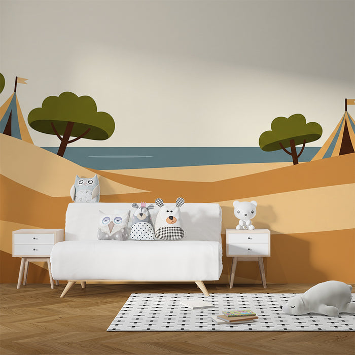 Papier peint chambre enfant | Paysage de dunes et tentes colorées au bord de la mer