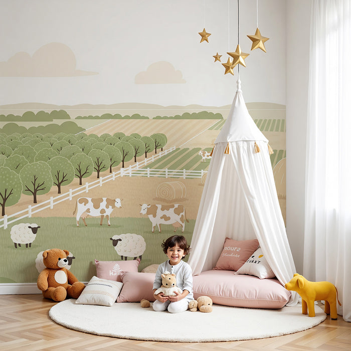 Children's bedroom wallpaper | Farm landscape with animals and golden fields