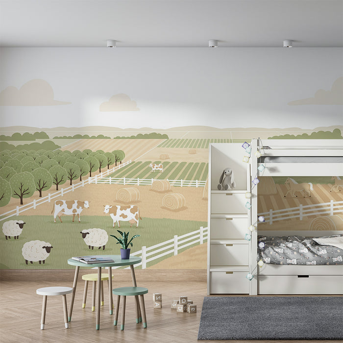 Children's bedroom wallpaper | Farm landscape with animals and golden fields