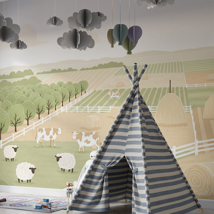 Children's bedroom wallpaper | Farm landscape with animals and golden fields