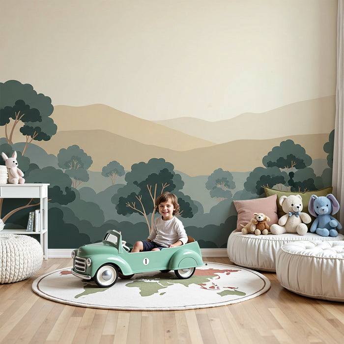 Papier peint chambre enfant | Paysage de forêt apaisant avec des collines douces