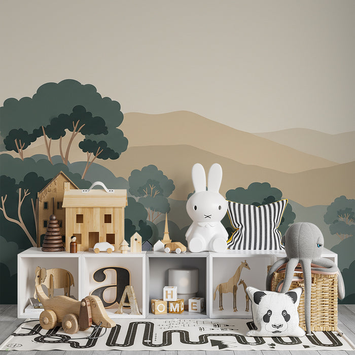 Papier peint chambre enfant | Paysage de forêt apaisant avec des collines douces