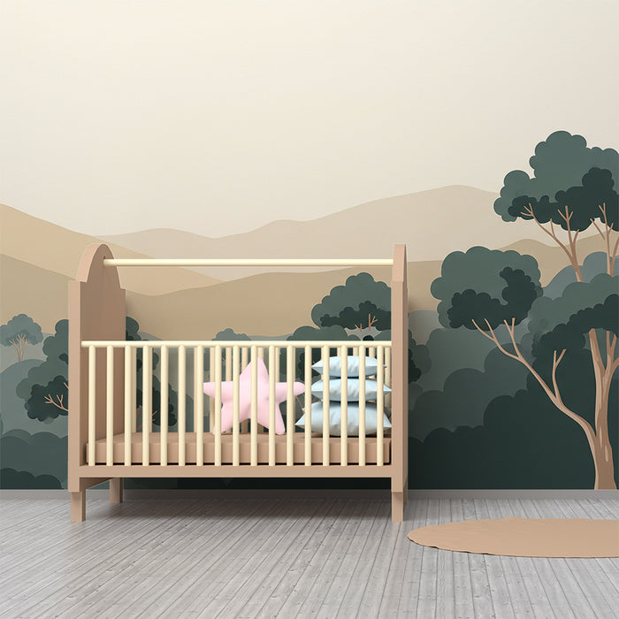 Papier peint chambre enfant | Paysage de forêt apaisant avec des collines douces