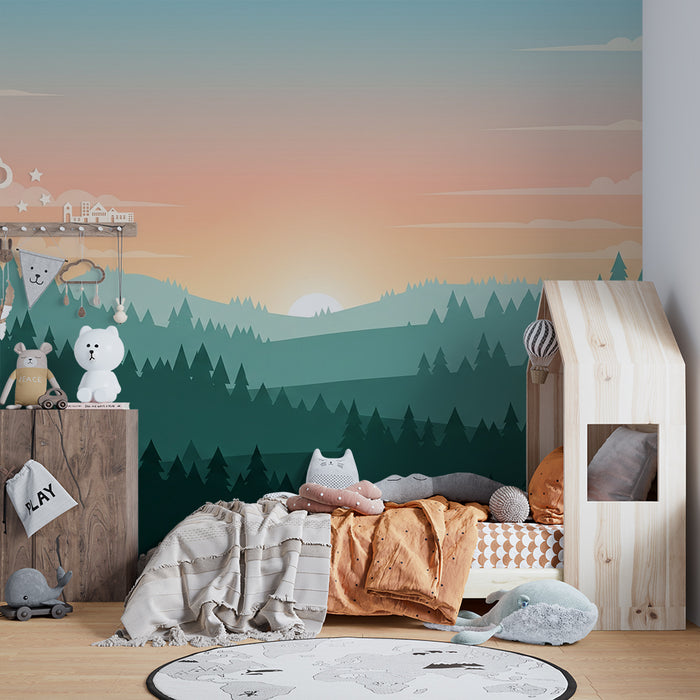 Kinderkamer behang | Boslandschap bij zonsopgang