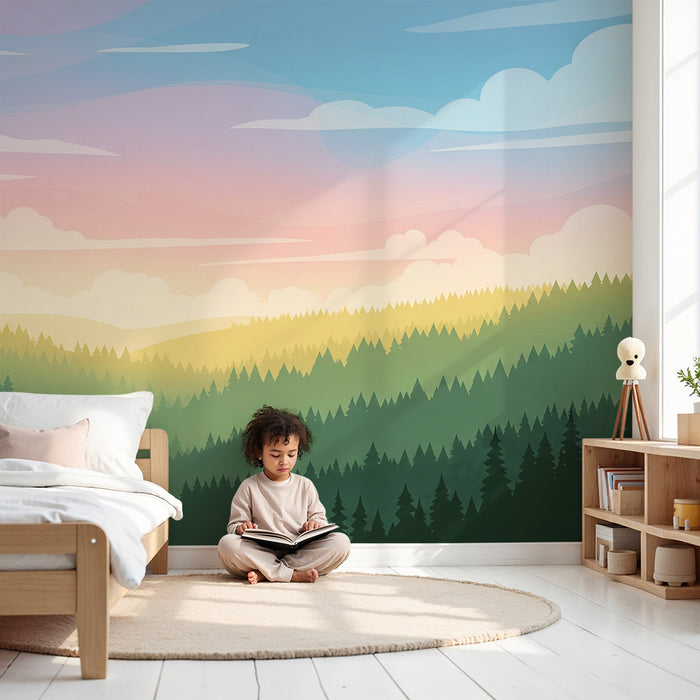 Tapet pentru camera copilului | Peisaj de pădure cu cer pastel