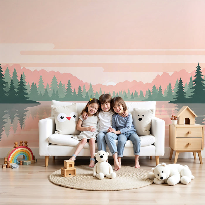 Carta da parati bambini | Paesaggio di foresta con lago e tramonto pastello