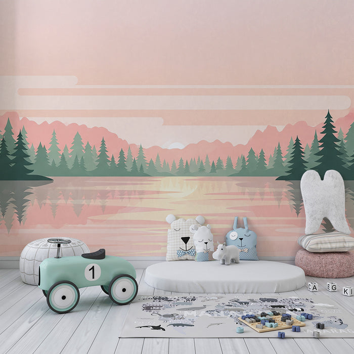 Carta da parati bambini | Paesaggio di foresta con lago e tramonto pastello