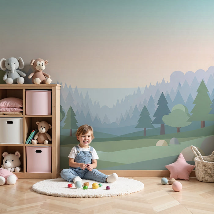 Barntapet | Minimalistisk skogslandskap med stiliserade träd