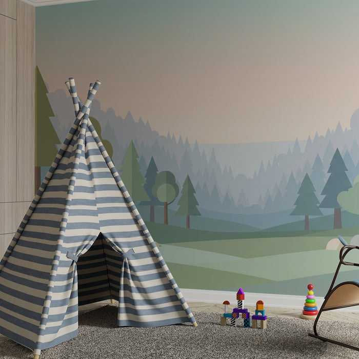 Barntapet | Minimalistisk skogslandskap med stiliserade träd