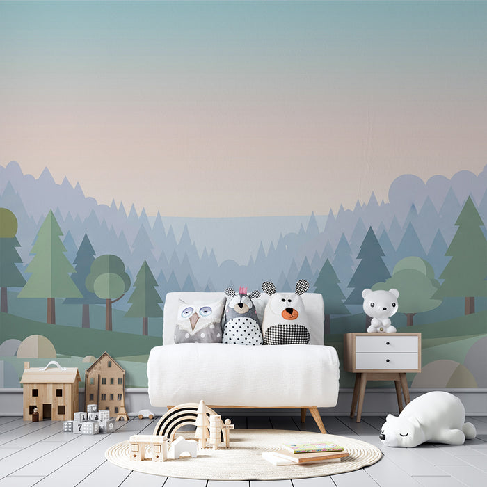 Barntapet | Minimalistisk skogslandskap med stiliserade träd