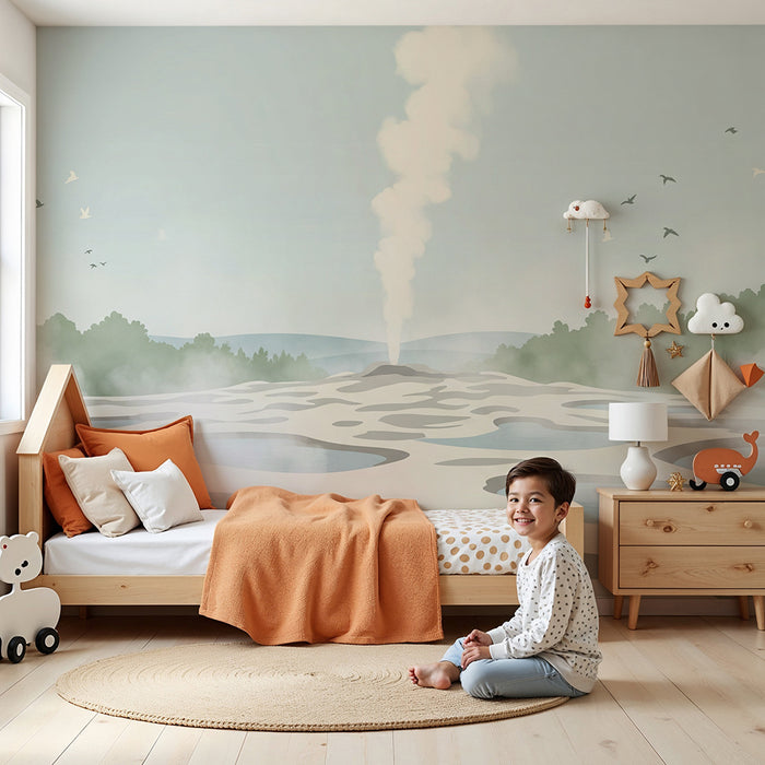 Kinderkamerbehang | Landschap met geisers en rustgevende mist