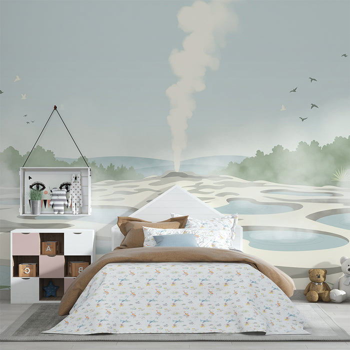Kinderkamerbehang | Landschap met geisers en rustgevende mist