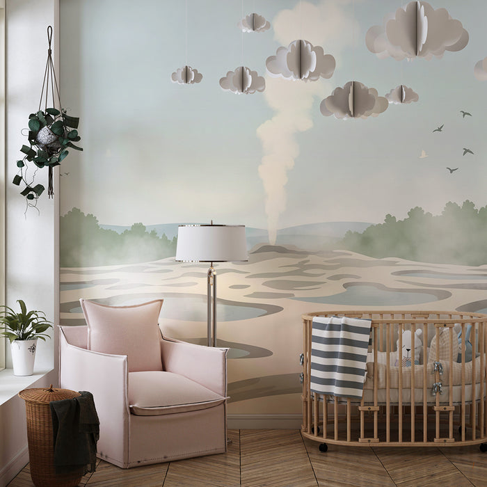 Kinderkamerbehang | Landschap met geisers en rustgevende mist