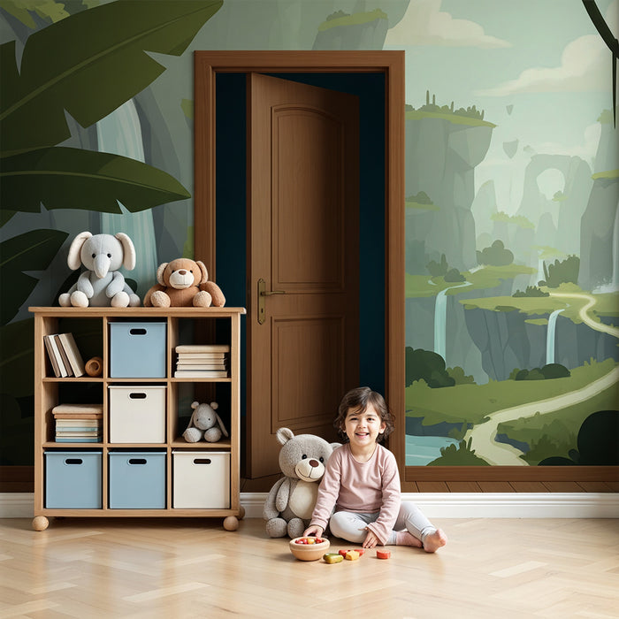 Papier peint chambre enfant | Paysage de jungle avec cascades et chemin sinueux