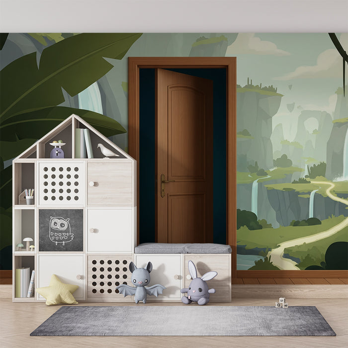 Papier peint chambre enfant | Paysage de jungle avec cascades et chemin sinueux