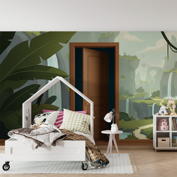 Papier peint chambre enfant | Paysage de jungle avec cascades et chemin sinueux