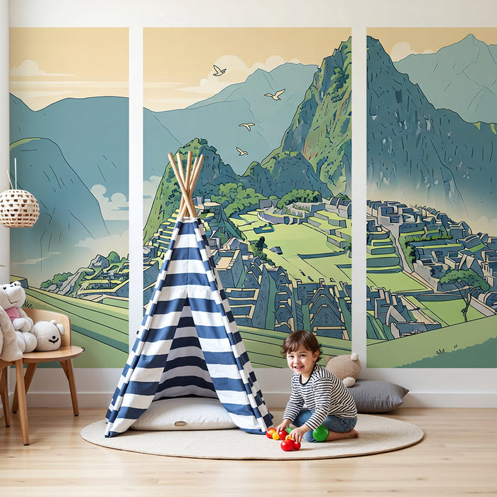 Papel pintado infantil | Paisaje de Machu Picchu con montañas y cielo relajante