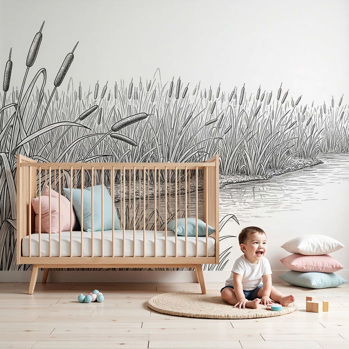 Papel pintado infantil | Paisaje de marisma con cañas y agua serena
