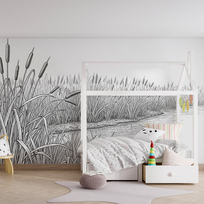 Papel pintado infantil | Paisaje de marisma con cañas y agua serena