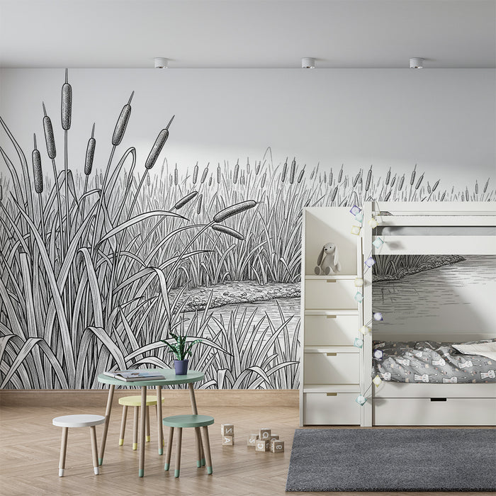 Papel pintado infantil | Paisaje de marisma con cañas y agua serena