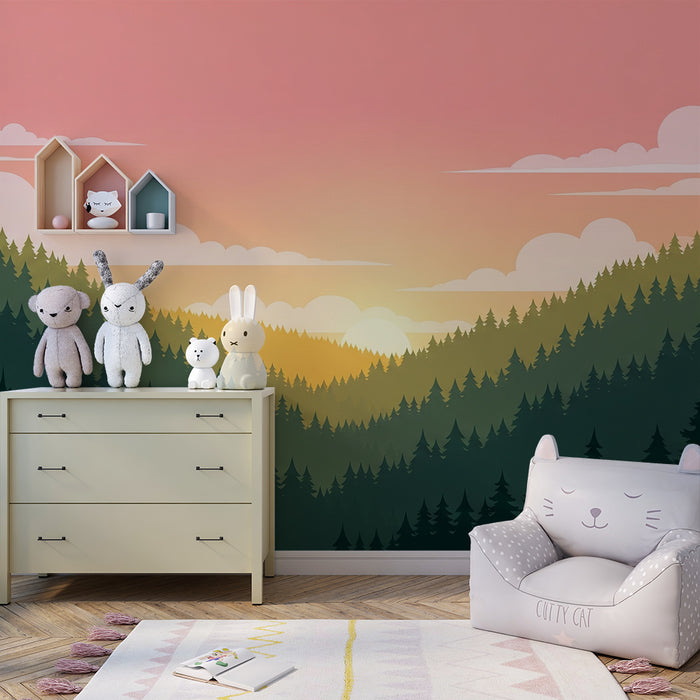 Gyermekszoba tapéta | Naplemente a hegyek között zöld erdővel