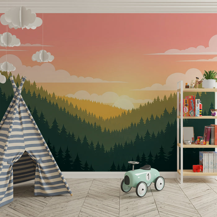 Gyermekszoba tapéta | Naplemente a hegyek között zöld erdővel
