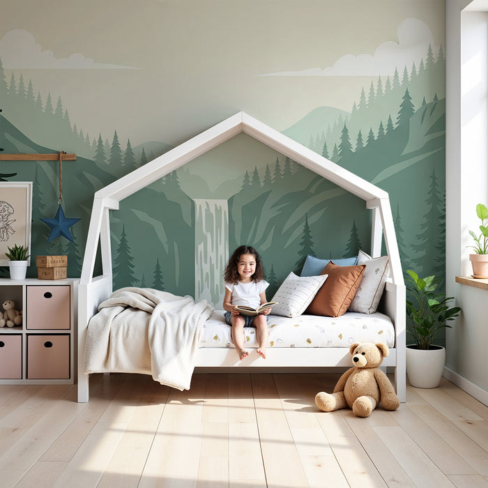 Kinderzimmer-Tapete | Berglandschaft mit Wasserfall und Nadelbäumen