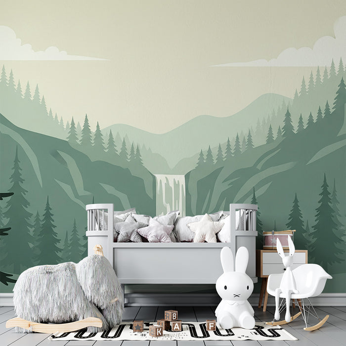 Kinderzimmer-Tapete | Berglandschaft mit Wasserfall und Nadelbäumen